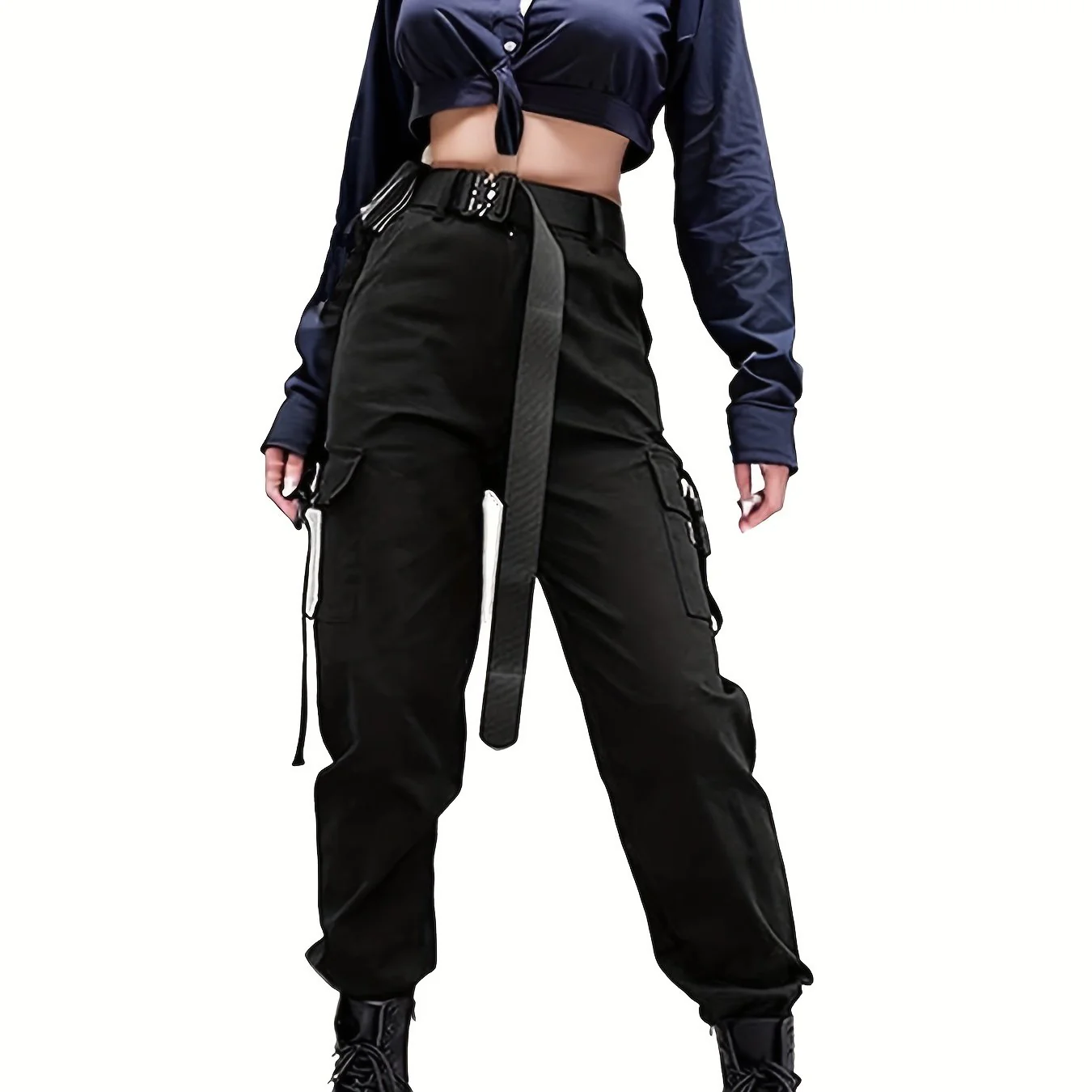 deanwangkt  Y2K Solid Cargo Pants, Street Wear High Waist Pants With Pockets, Women's Clothing - Deanwangkt