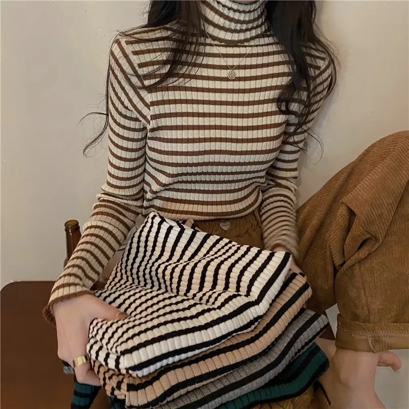 deanwangkt New Black Striped Sweater Women Knitted Pullover Autumn Long Sleeve Turtleneck Knitwear Korean Bottoming Shirt Stretch Jumpers - Deanwangkt