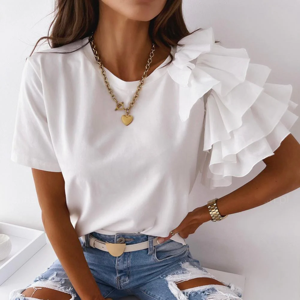 deanwangkt Fashion blouse women elegant white Solid Color Layered Ruffle Short Sleeve Asymmetric Loose T-shirt Top for Summer Women Blouses - Deanwangkt