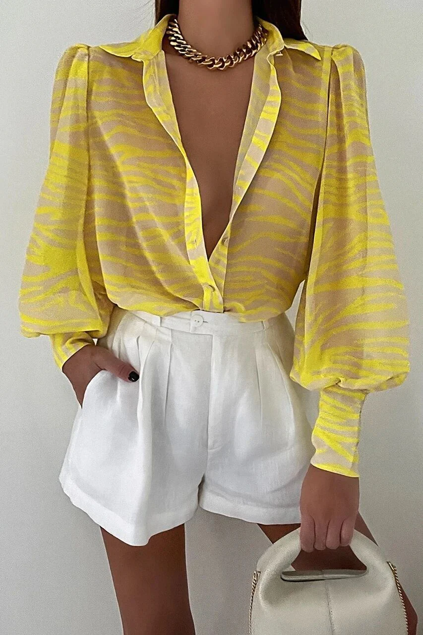 deanwangkt Spring Fashion Shirt Women's Blouses Elegant V-neck Print Puff Sleeve Office Shirts Female Summer New Formal Ladies Top - Deanwangkt