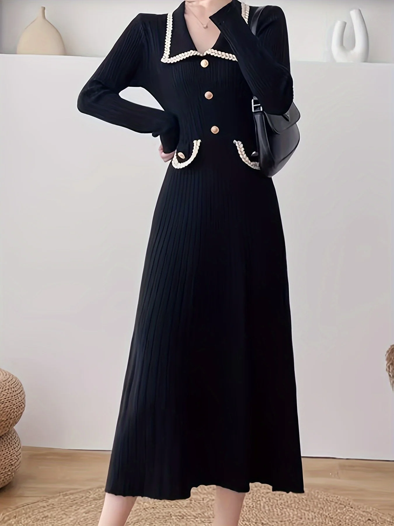 Button Front High Waist Dress, Elegant Long Sleeve Midi Dress, Women's Clothing - Deanwangkt