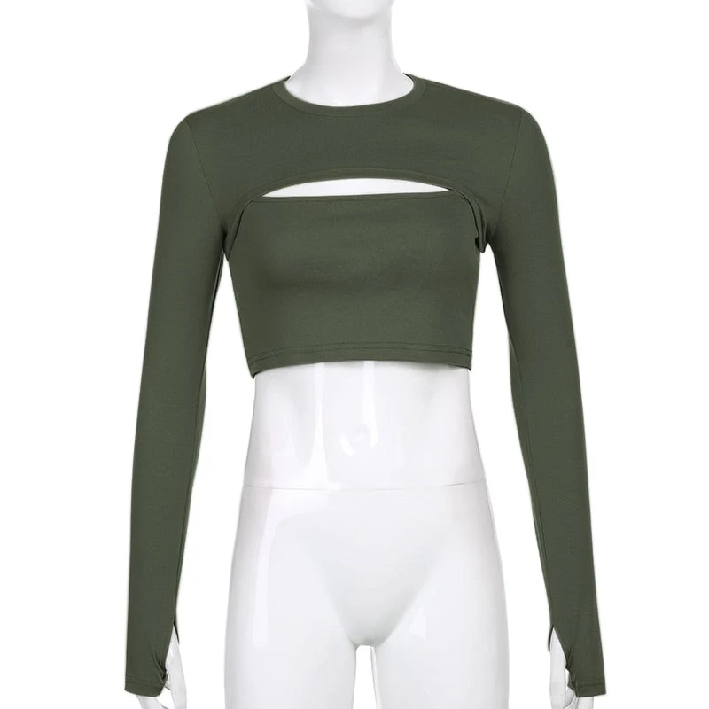 Graduation Gifts Sexy Hollow Out T Shirt and Cami Crop Top Womens Harajuku Long Sleeve Streetwear Basic Women Tight Tees 2 Piece Suit - Deanwangkt