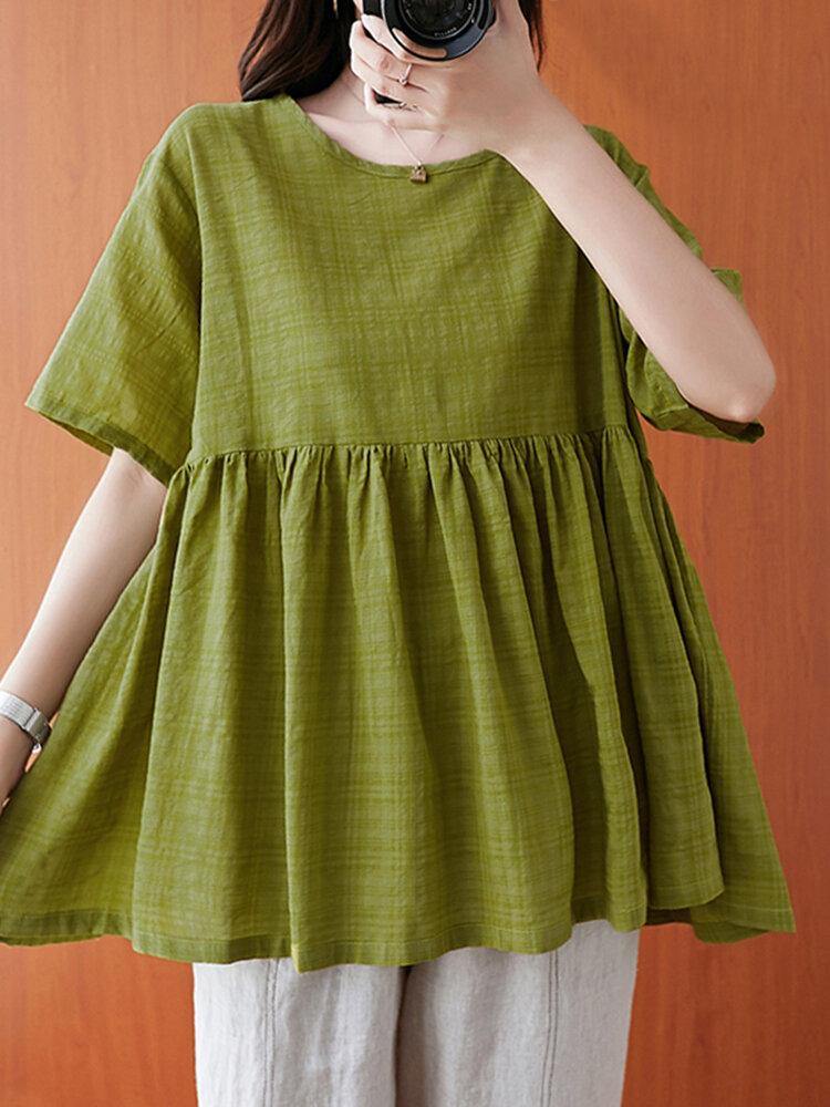 deanwangkt Plaid Pleating Loose Casual Summer Blouse For Women - Deanwangkt