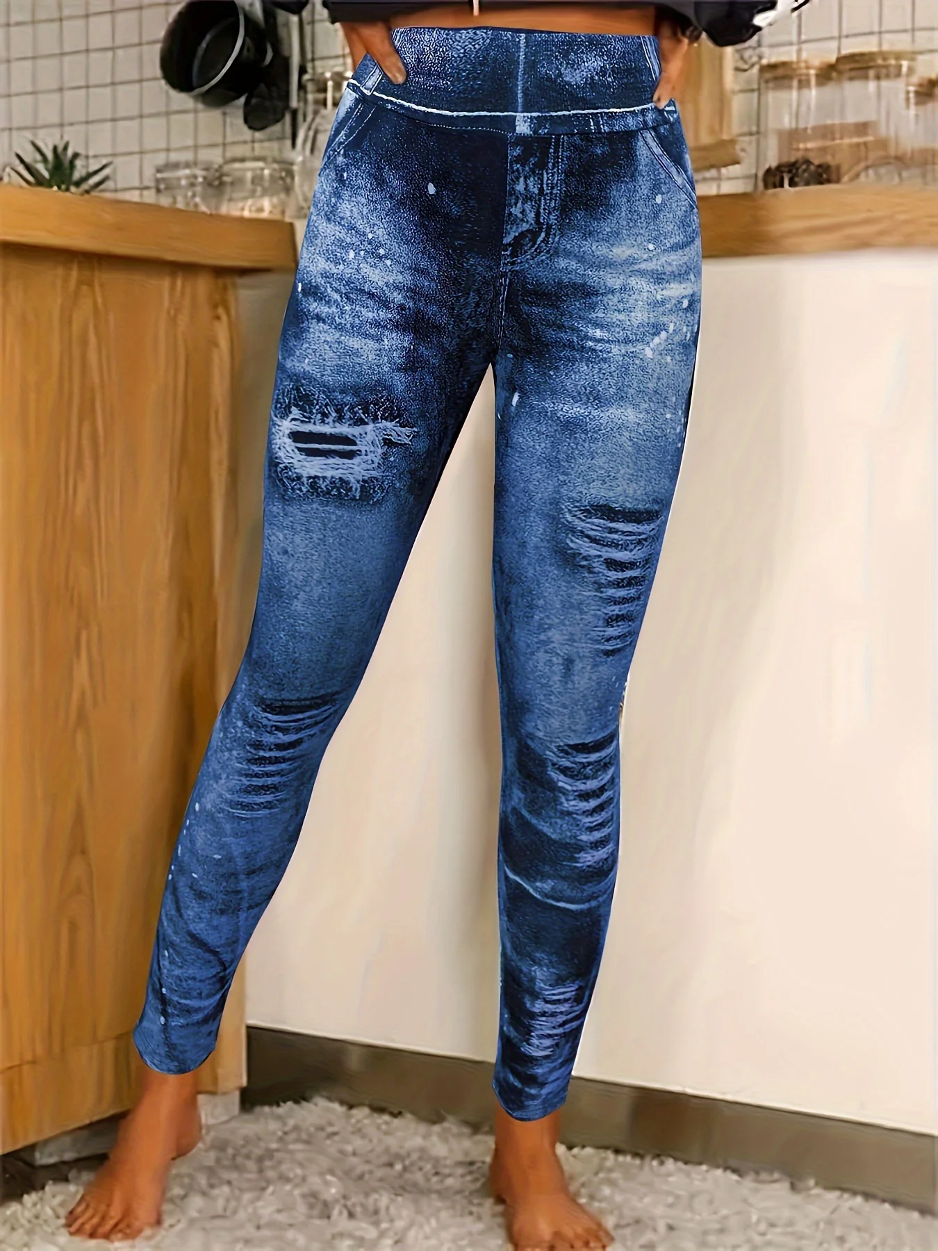 deanwangkt Faux Denim Stretch Sports Leggings, Tummy Control Butt Lifting Workout Running Yoga Tight Pants, Women's Activewear - Deanwangkt