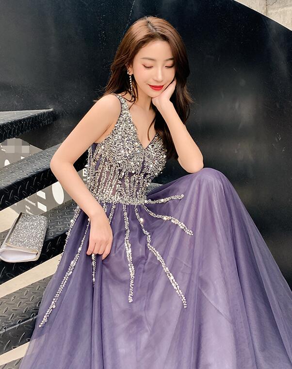 Solvbao Purple V-neckline Beaded Tulle Long Formal Dresses, Purple Evening Gown Prom Dresses - Deanwangkt