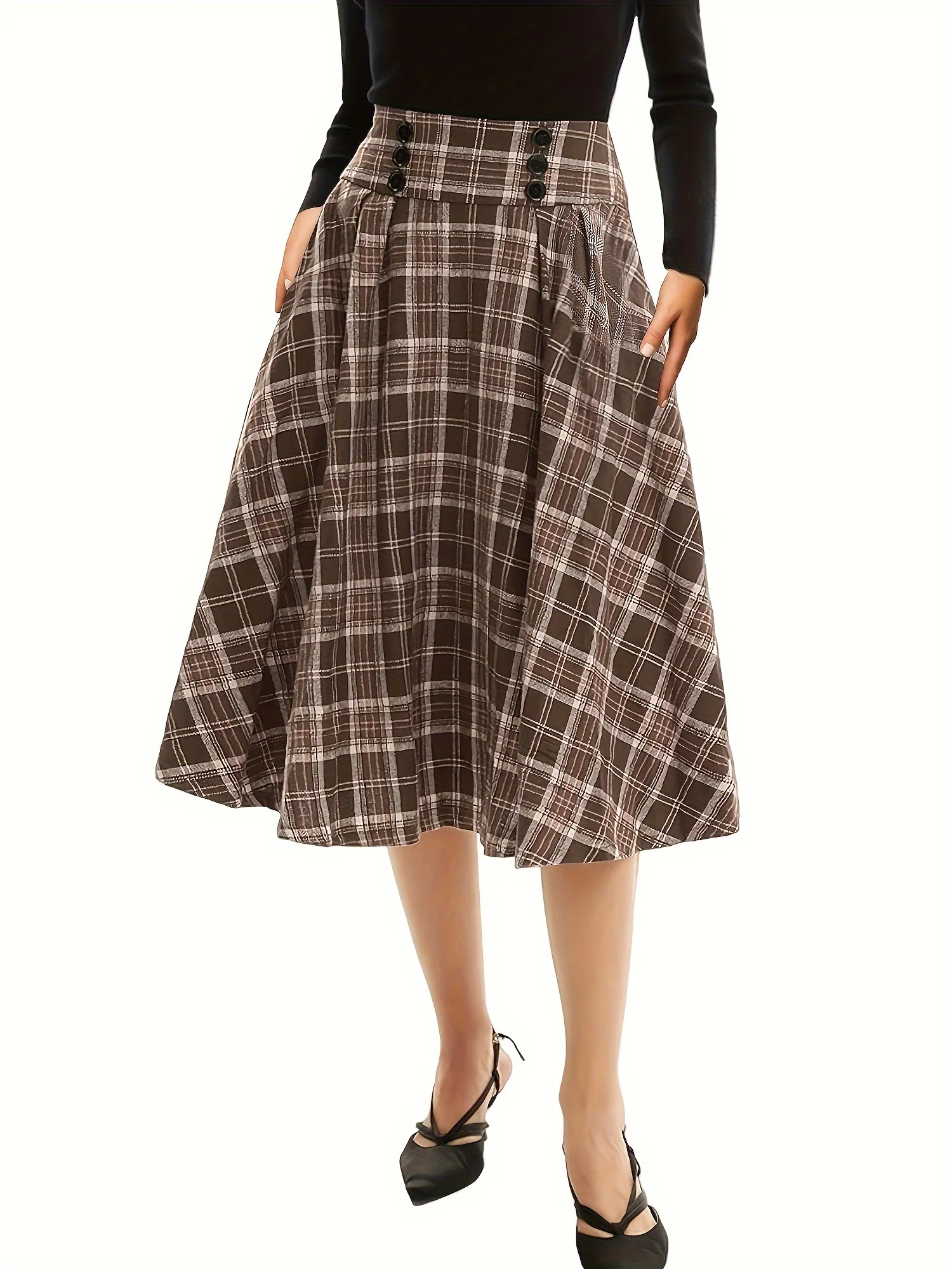 deanwangkt-1 Plaid Print High Waist Button Skirt, Elegant A Line Flare Midi Skirt, Women's Clothing - Deanwangkt