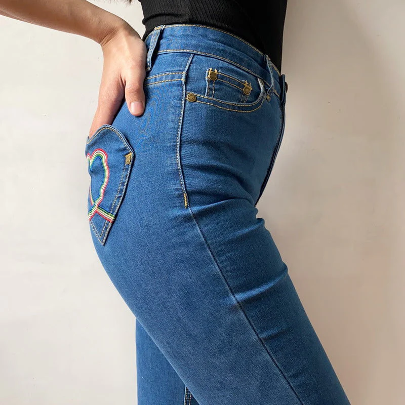 deanwangkt - Rainbow Love Heart Bell Bottom Jeans ~ HANDMADE - Deanwangkt