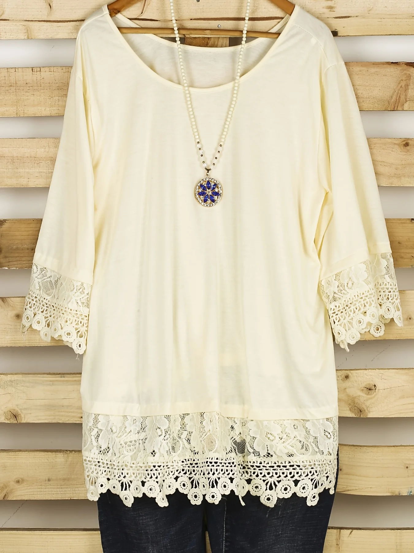 Plus Size Casual Blouse, Women's Plus Solid Contrast Lace Trim Half Sleeve Round Neck Slight Stretch Top - Deanwangkt