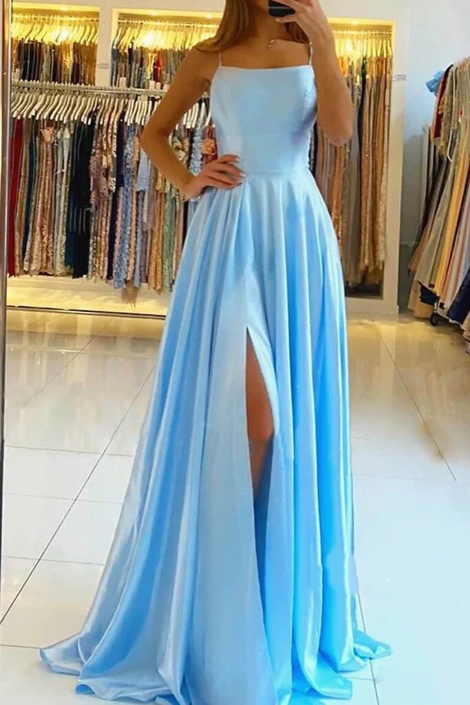 Womens Straps Prom Dress Long High Split Satin Evening Gowns Prom Spaghetti Formal Party Bridesmaid Dresses For Wedding - Deanwangkt