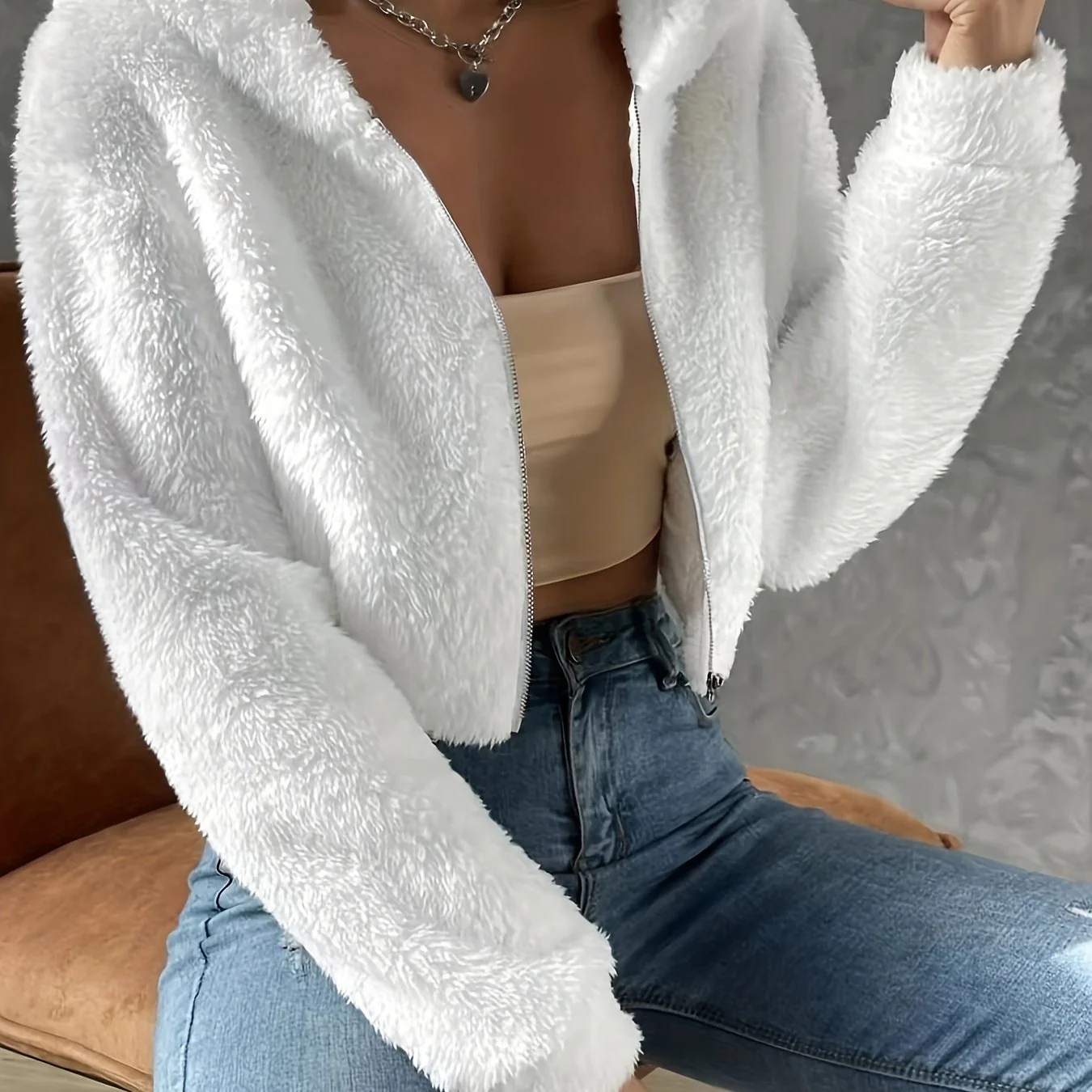 deanwangkt-1 Solid Zipper Hooded Crop Coat, Casual Faux Fur Thermal Coat, Women's Clothing - Deanwangkt