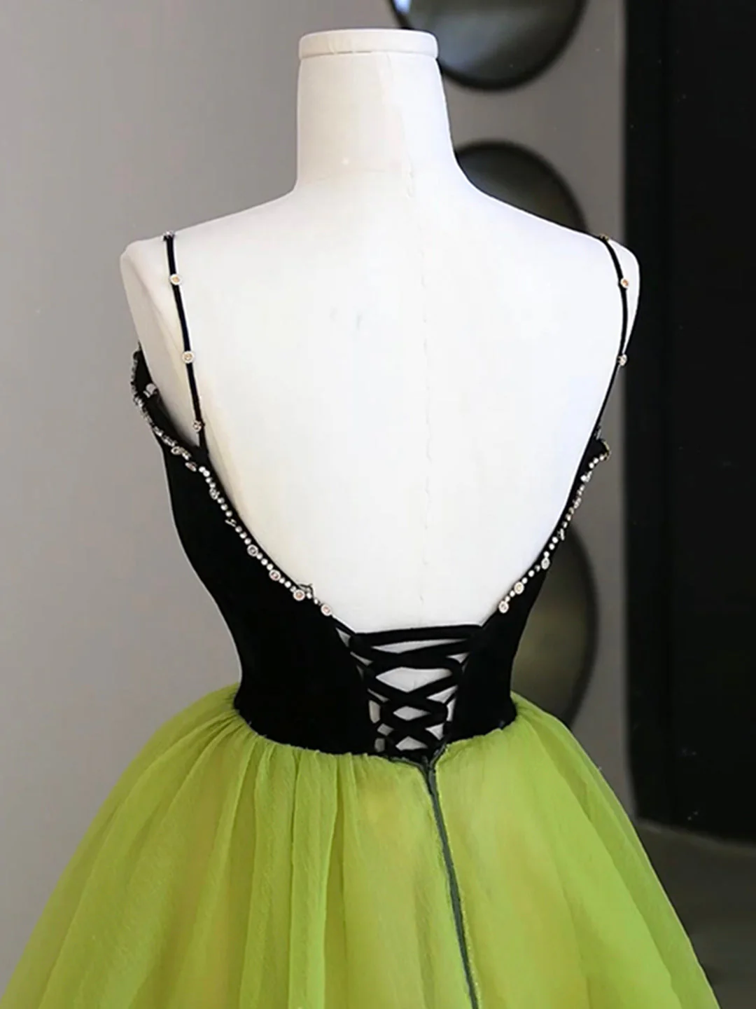 solvbao Black Velvet and Green Tulle Long Prom Dress, Green V-Neck Evening Dress - Deanwangkt