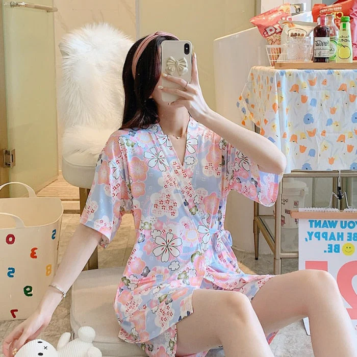 deanwangkt Summer Short pink Pajamas For Women Cute Girl Sleepwear Kimono Pajama Sets Pyjamas Casual Sleepwear Homewear Lounge Fashion - Deanwangkt