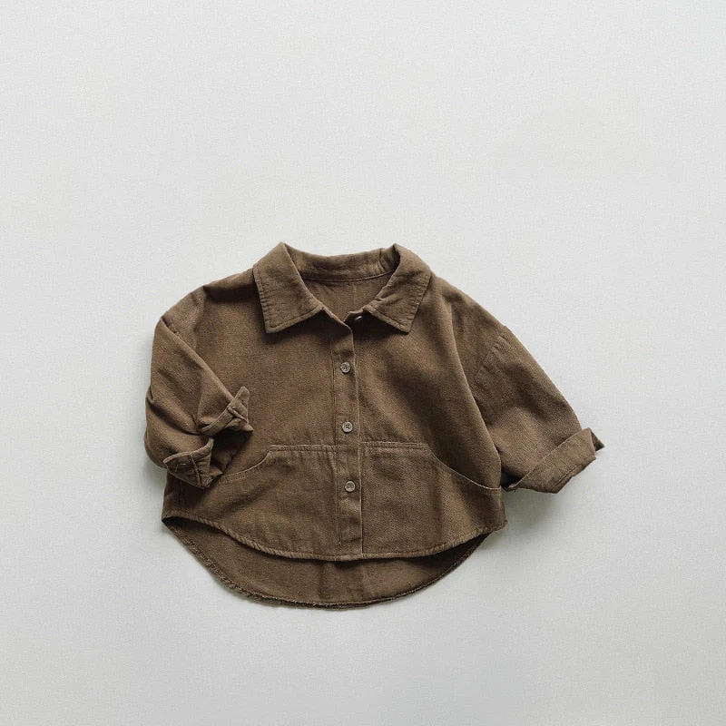 deanwangkt Autumn Boys solid color cotton shirts Girls brief turn-down collar casual shirt Kids Tops - Deanwangkt