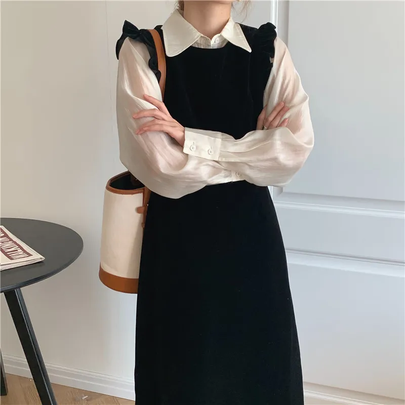 Joskka  New Women Spring Autumn Dresses Fashionable Elegant High Waist Vintage  Korean Style Velvet Sleeveless Long Dress - Deanwangkt