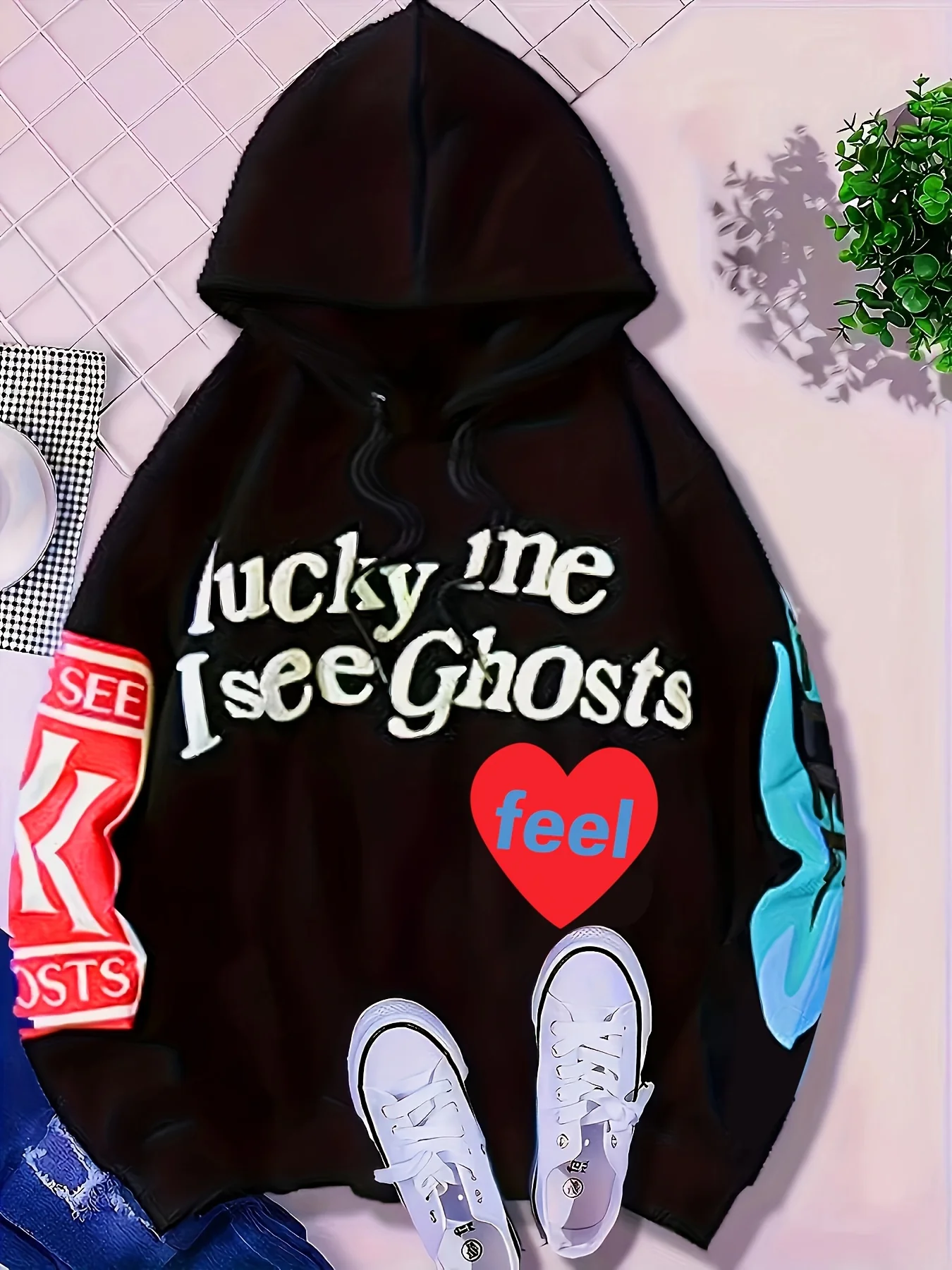 Lucky Me I See Ghosts Letter Graphic Casual Sports Sweatshirt For Halloween, Fashion Hip Hop  Pullover Hoodie, Women's Tops - Deanwangkt
