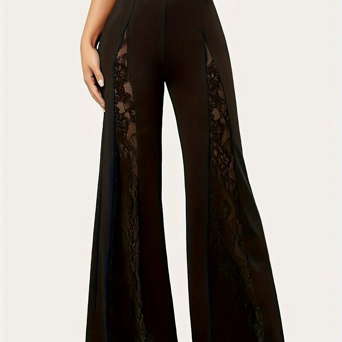 deanwangkt-1 Contrast Lace Flare Leg Pants, Elegant High Waist Pants For Spring & Fall, Women's Clothing - Deanwangkt