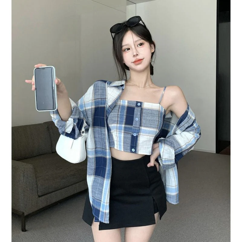 deanwangkt Spring Simplicity Plaid Turn-down Collar Long Sleeve Blouse Women Clothes Casual Buttons Slim Sling T-Shirt Two-piece Dress Tops - Deanwangkt