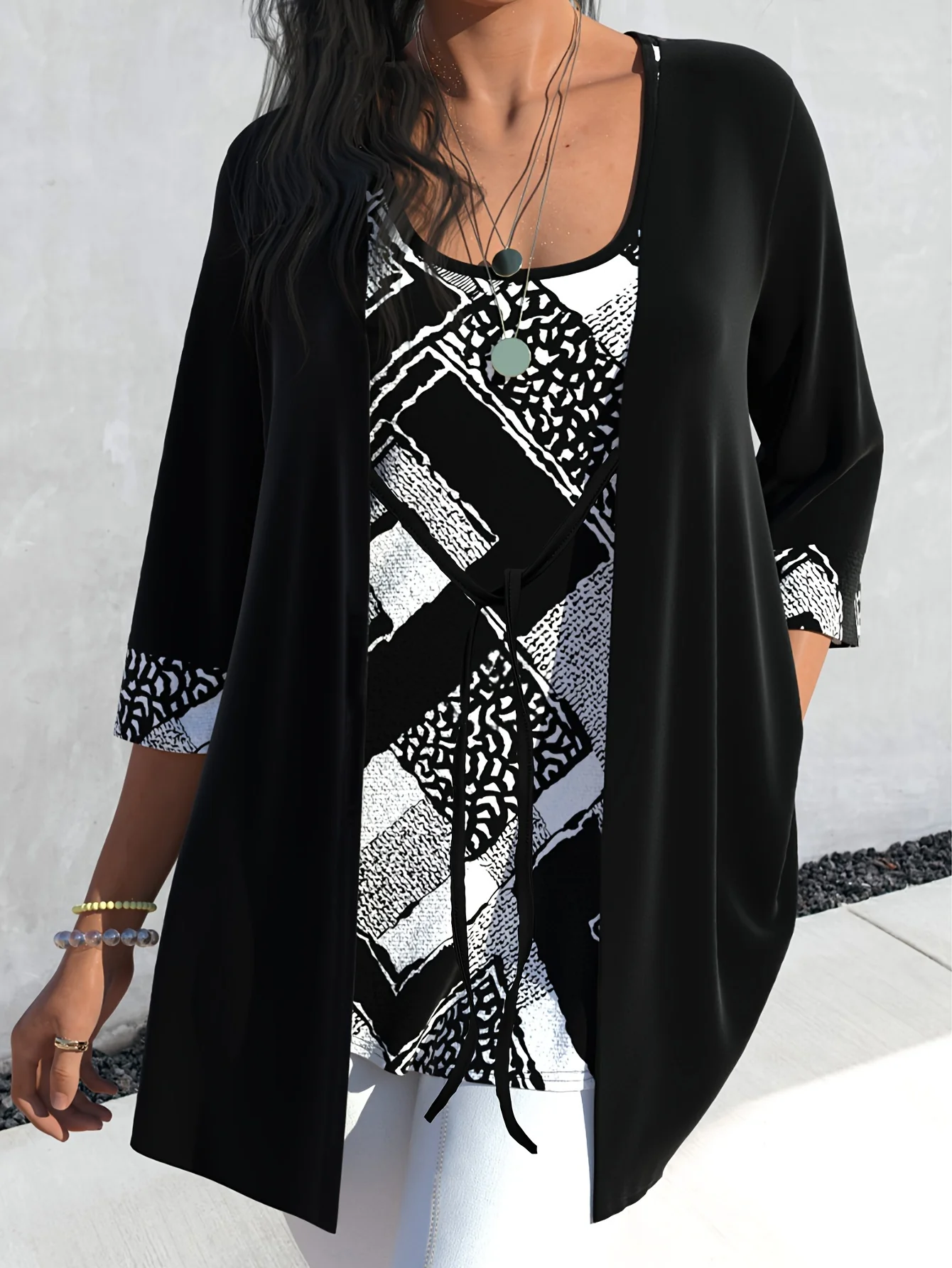 Plus Size Elegant Knit Top, Women's Plus Colorblock Random Print Faux Twinset Three Quarter Sleeve Round Neck Knit Top - Deanwangkt