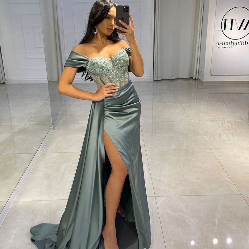 Graduation dress Sexy Prom Evening Dresses Long Off the Shoulder Party Dress  Appliques High Split Cocktail Gown Saudi Arabia Dubai - Deanwangkt