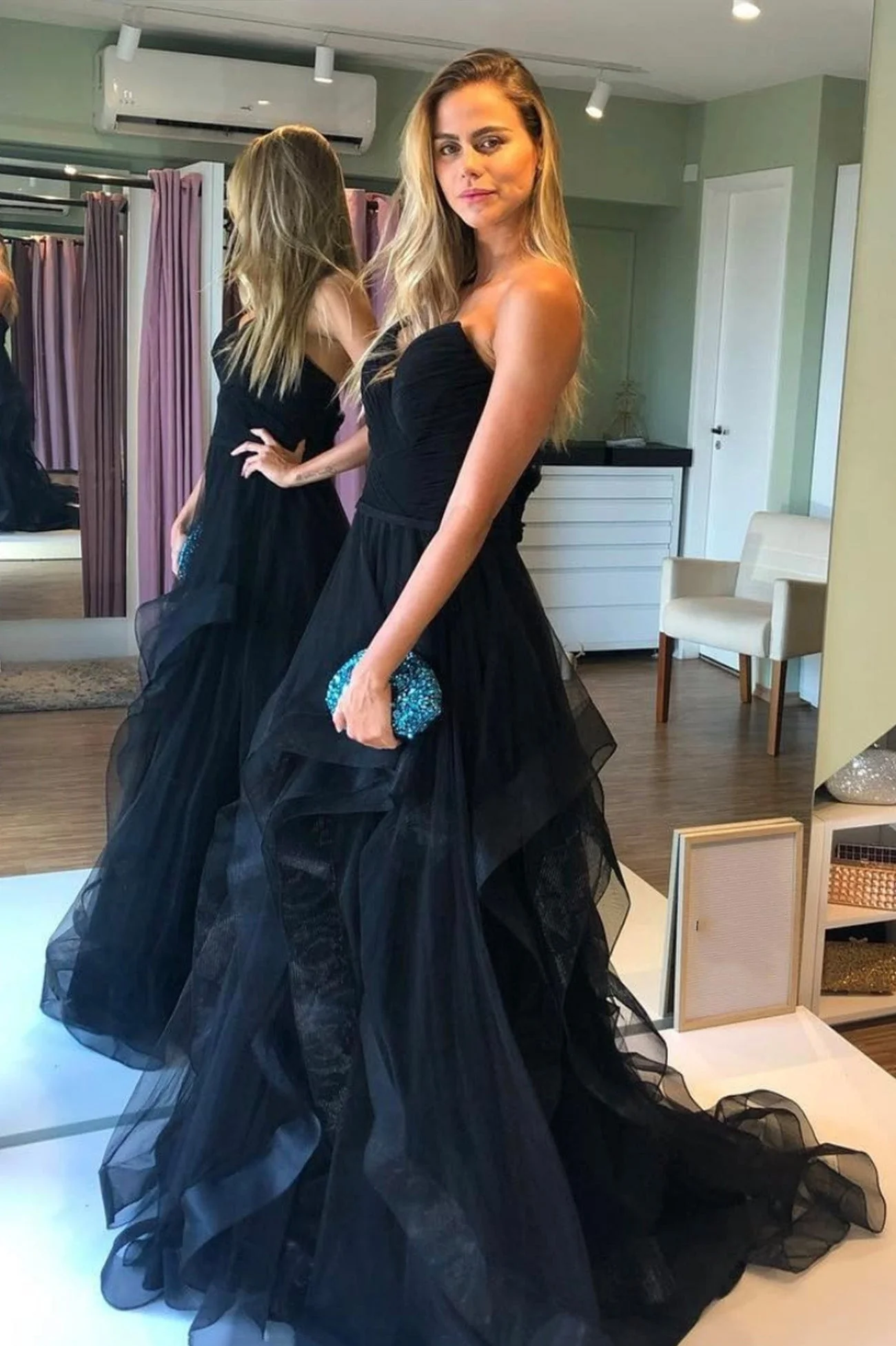 solvbao Black Tulle Long A-Line Prom Dresses, Black Strapless Formal Evening Dresses - Deanwangkt