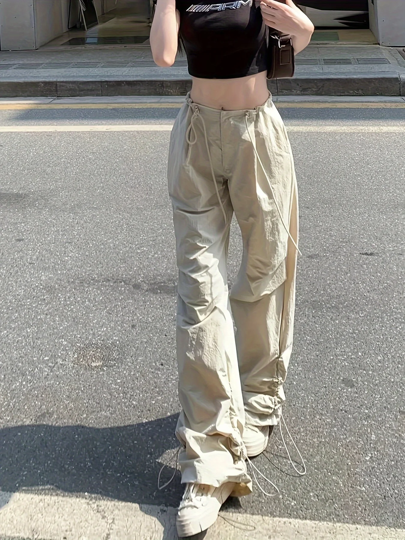 deanwangkt  Solid Drawstring Ruched Cargo Pants, Casual Baggy Streetwear Pants With Pocket, Women's Clothing - Deanwangkt