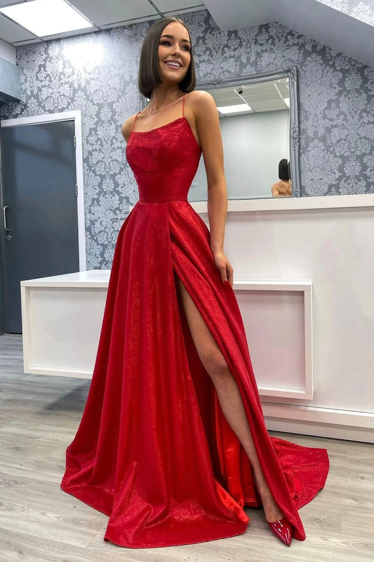solvbao Red Satin Long A-Line Prom Dress, Red Backless Evening Dress with Slit - Deanwangkt