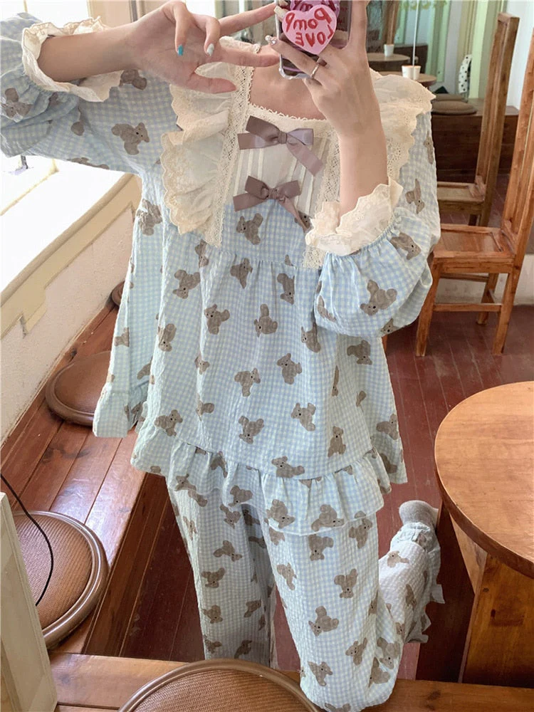 Cartoon Bear Print Lace Cute Sleepwear Sweet Home Long Sleeve Pajama Set Women Girlish Style Princess Loose Casual Sleep Tops - Deanwangkt