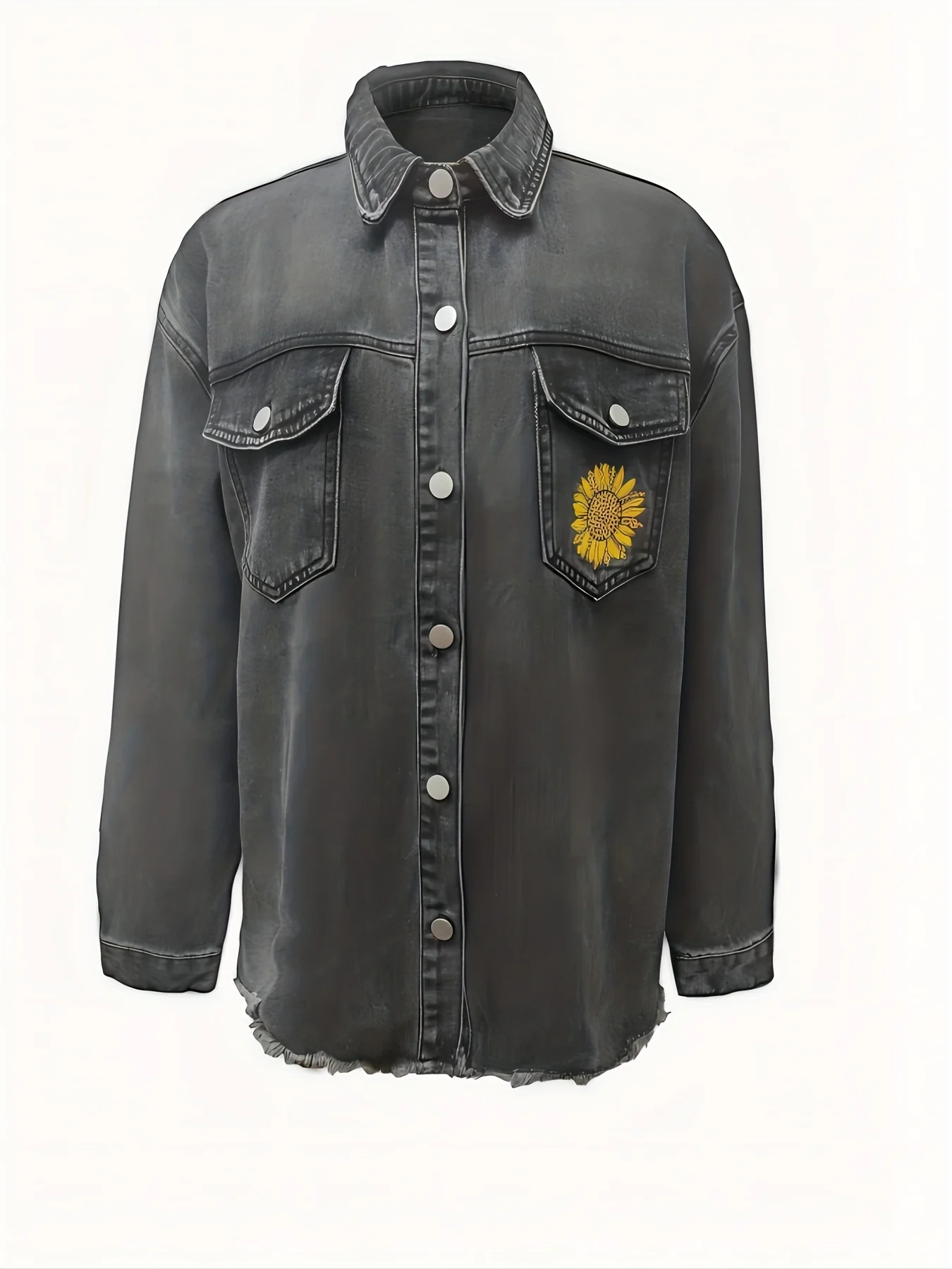 deanwangkt-1  Dark Grey Sunflower Denim Jackets, Long Sleeves Letter Print Casual Lapel Denim Coats, Women's Denim Clothing - Deanwangkt