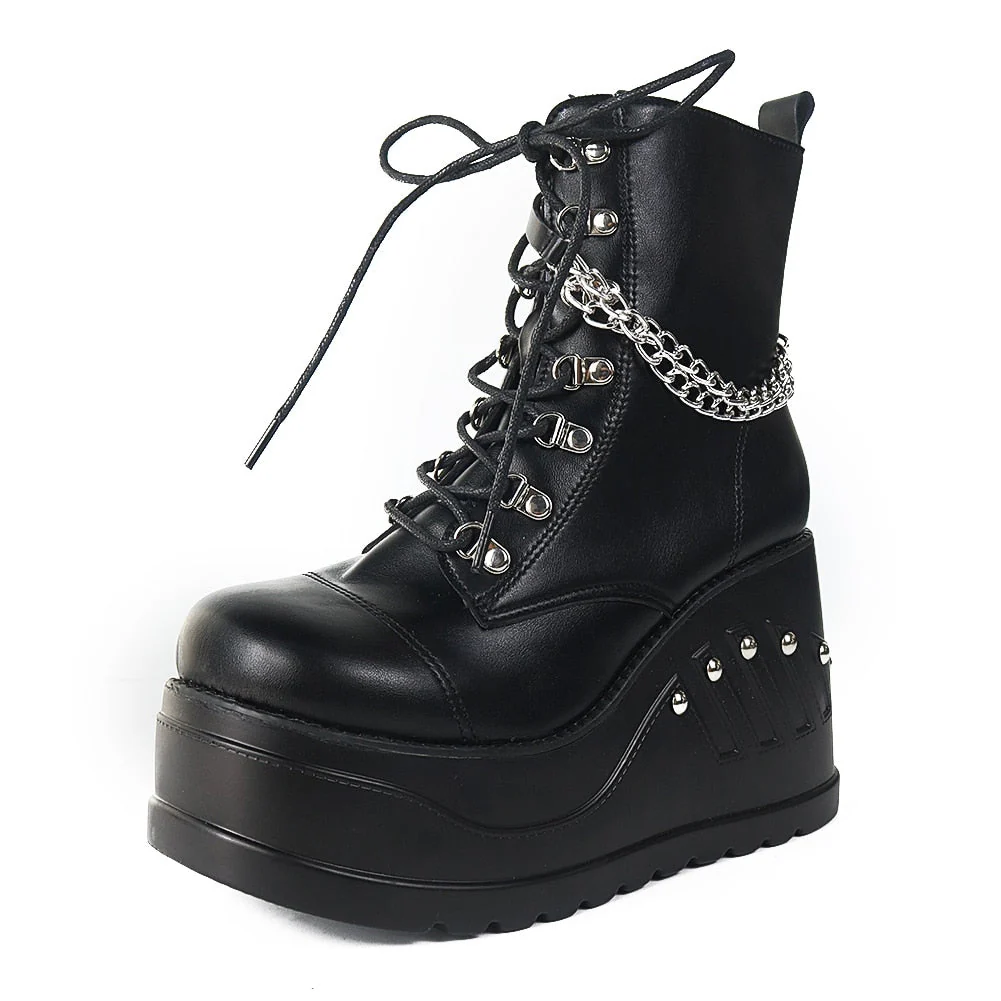 DEANWANGKT  Band Goth Platform Wedges Punk Chunky Mid Calf Boots Women Thick Heel Autumn Trendy Cosplay Casual Shoes Women - Deanwangkt
