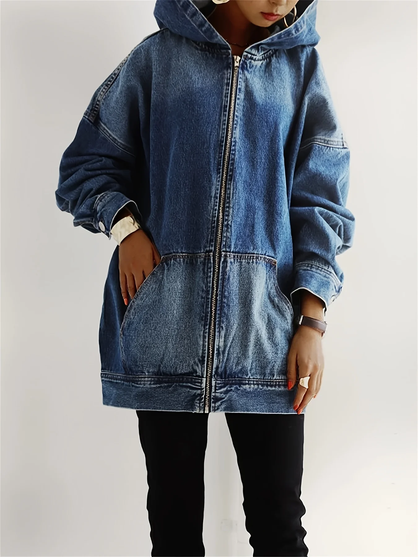 Long Sleeves Hooded Denim Jacket, Full Zipper With Front Pocket Denim Coat, Women's Clothing - Deanwangkt