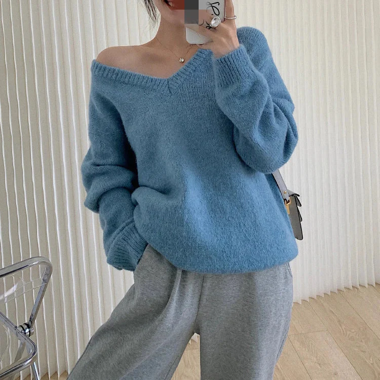 deanwangkt Woman Sweaters Autumn Winter Korean New Pullovers Raglan Sleeve V Neck Knitted Tops Casual Loose Jumpers Gray Blue - Deanwangkt