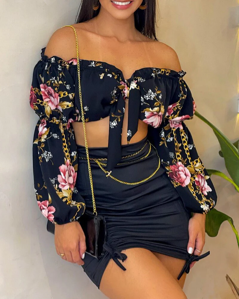 deanwangkt Flowers Print Slash Neck Long Sleeves Crop Top Skirts 2 Pcs Set Sexy Slim Summer Fashion Outfit Streetwear Dress Sets - Deanwangkt
