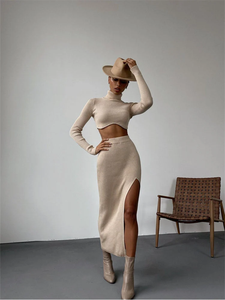 Autumn Sexy Solid Ribbed 2 Two Piece Sets Club Outfit For Women  Long Sleeve O Neck Crop Top And Skirt Sets Female - Deanwangkt