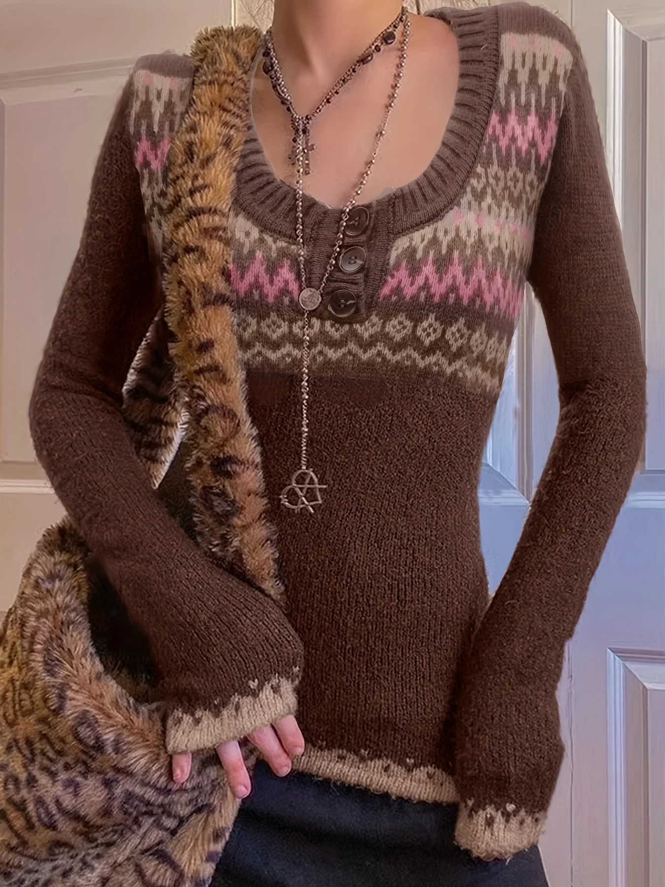 deanwangkt  Y2K Ethnic Pattern Pullover Sweater, Button Scoop Neck Long Sleeve Slim Sweater, Women's Clothing - Deanwangkt