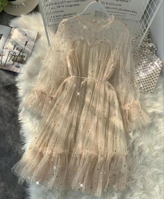New Female O-neck Stars Sequined Mesh Shiny Fairy Dress Women Elegant Bling Gauze Princess Puff Dresses Vestidos De Fiesta - Deanwangkt