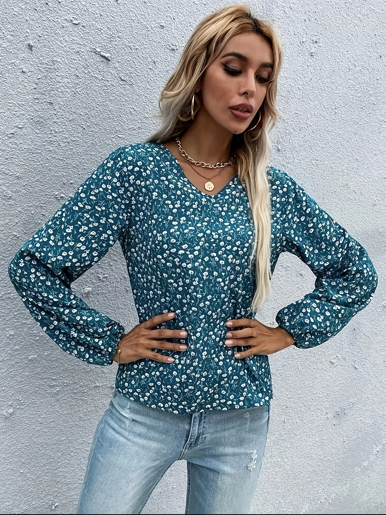 Ditsy Floral Print Blouse, Elegant V Neck Lantern Sleeve Blouse, Women's Clothing - Deanwangkt