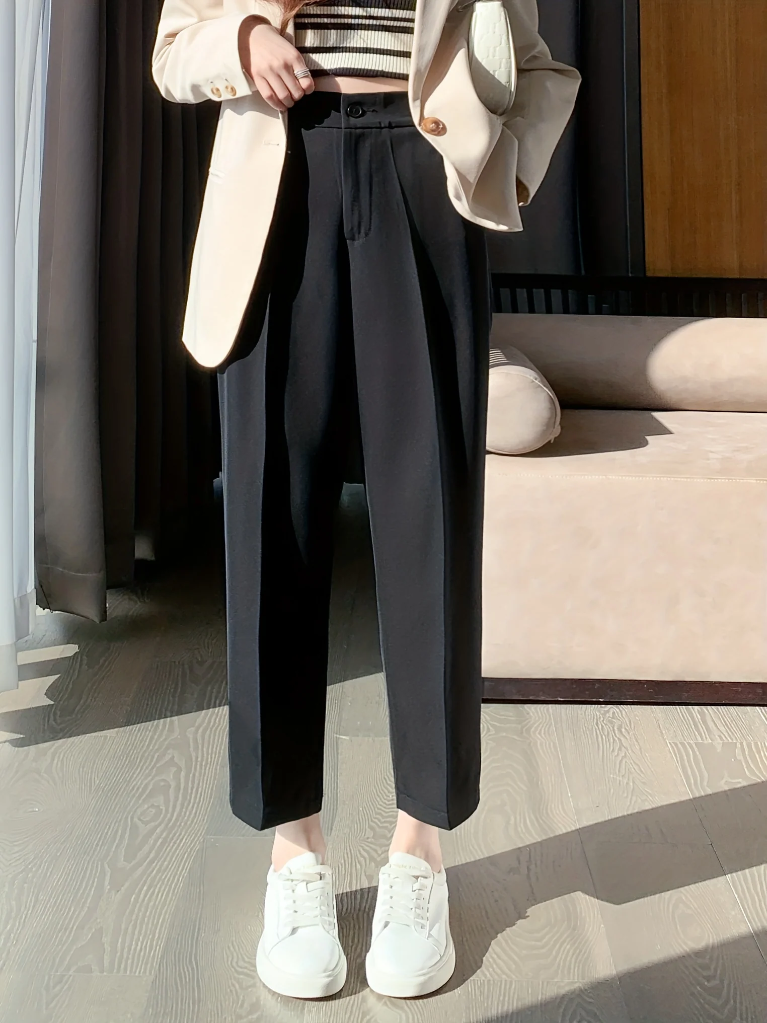 deanwangkt-1  Solid Cropped Tailored Pants, Casual Back Elastic Waist Pants, Women's Clothing - Deanwangkt