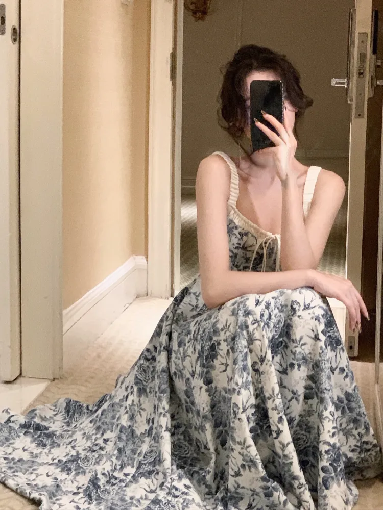 Joskka French Floral Strap Midi Dress Woman Elegant Sleeveless Even Party Dress Office Lady  Summer Beach Casual Korean Style Dress - Deanwangkt