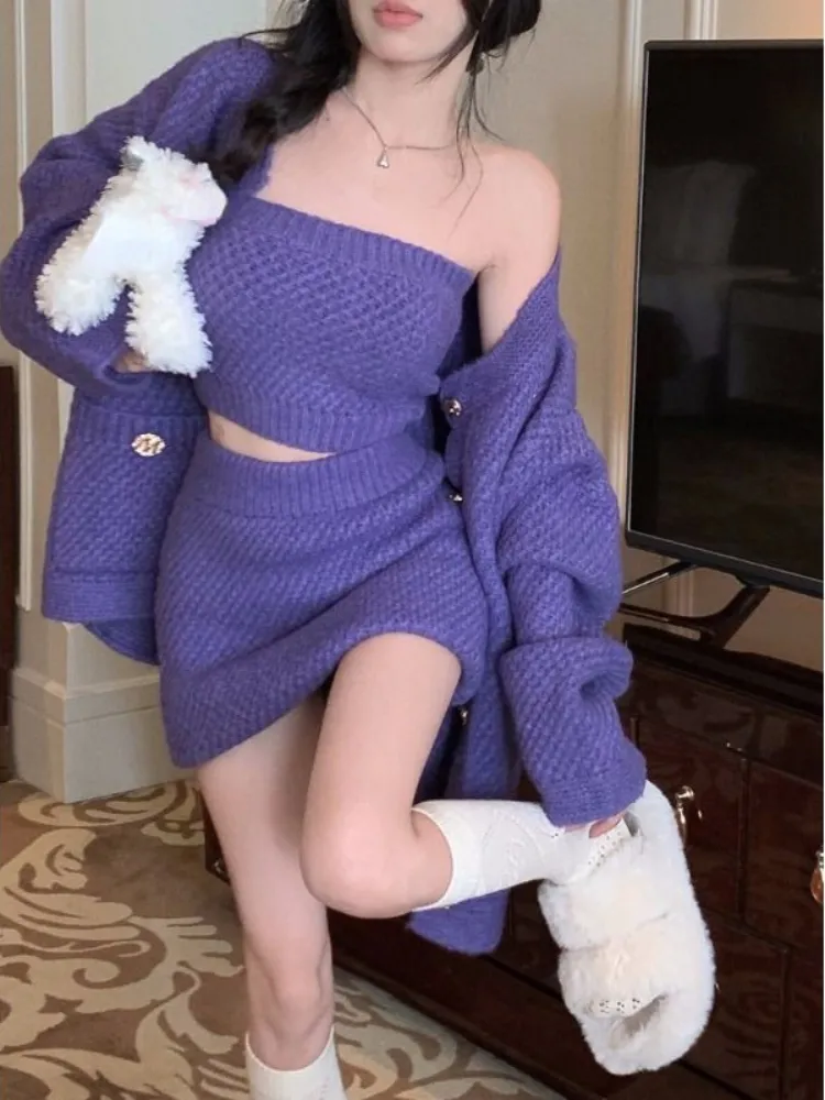 deanwangkt  Autumn Purple Knitted Sweater Suit Woman Sexy Corset + Loose Casual Cardigan + Slim Y2k Mini Skirt Party Korea 3 Piece Set - Deanwangkt