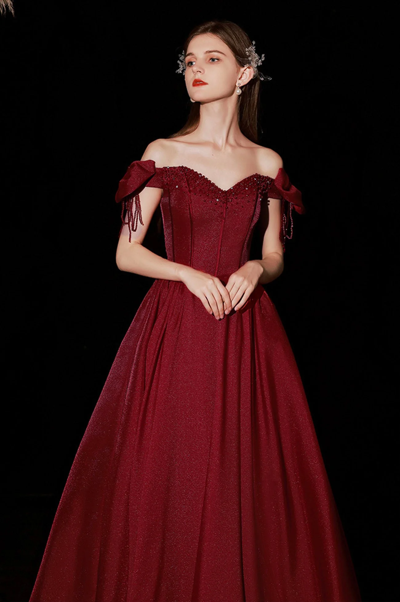 solvbao Burgundy Satin Long Prom Dresses, A-Line Off the Shoulder Formal Dresses - Deanwangkt