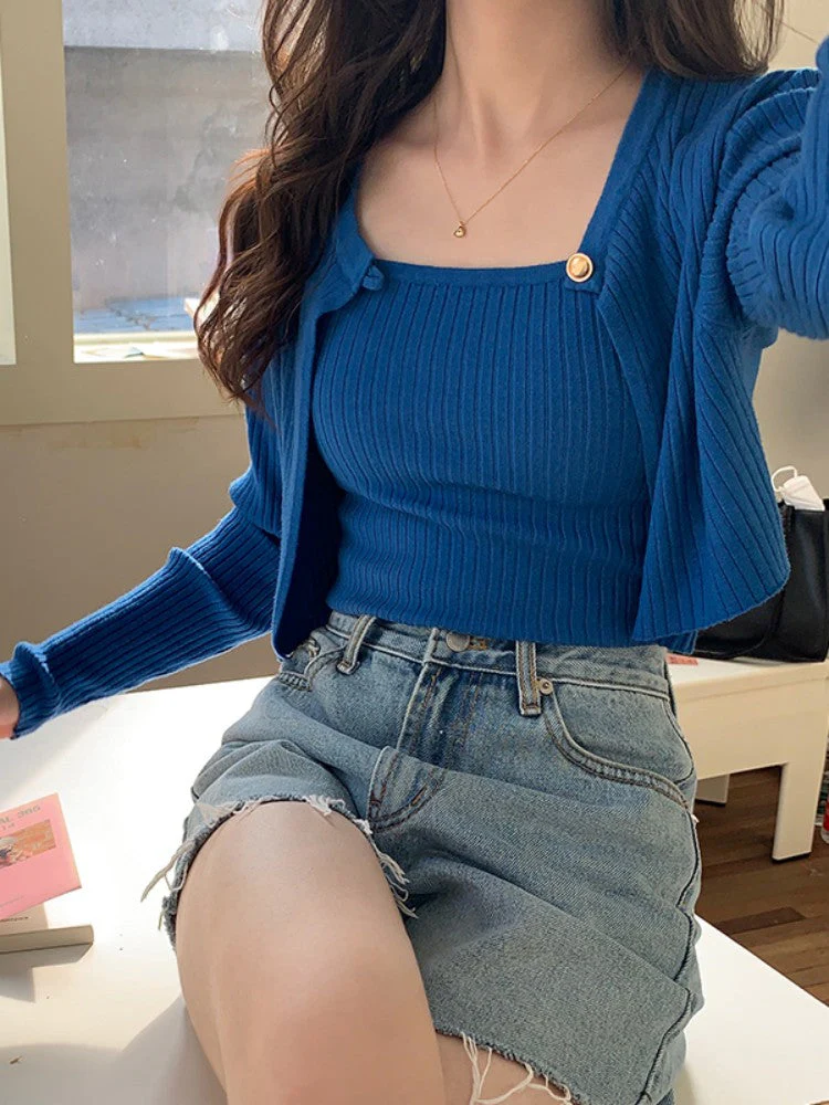 5Colors 2pcs set Spring Autumn long sleeve Knitted Sweaters Cardigans womens+Slim tank tops Two Pieces Women Set(X2634) - Deanwangkt