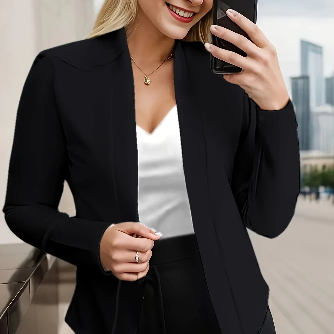 deanwangkt-1 Solid Open Front Blazer, Casual Long Sleeve Slim Blazer For Office, Women's Clothing - Deanwangkt