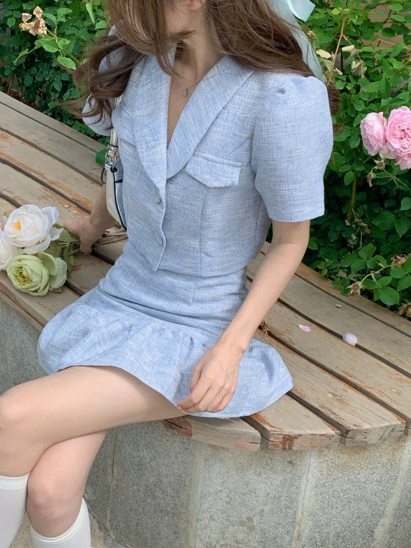 deanwangkt High Quality New Summer Fashion Korean Sweet Elegant 2 Piece Set Women Crop Top Shirt Blouse Mini Skirt Suits Two Piece Outfits - Deanwangkt