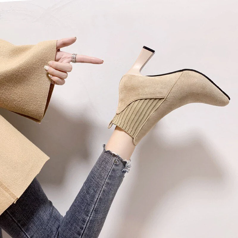 deanwangkt Autumn Winter Women Boots Elastic Ankle Boots Pointed Toe Thick Heel High Heels Shoes Woman Female Plus Fleece Warm Socks Boots - Deanwangkt