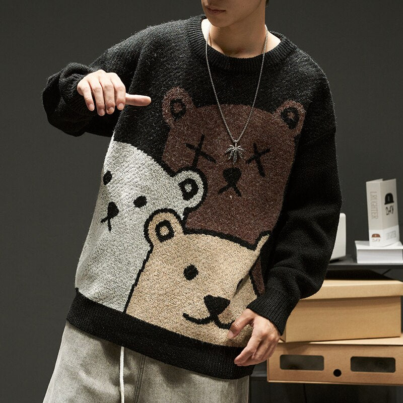 deanwangkt Cartoon Bear Sweater Men's Winter Men's Women's Fashion Long-Sleeved Knitted Pullover Sweater Oversized  New Cotton Coat - Deanwangkt