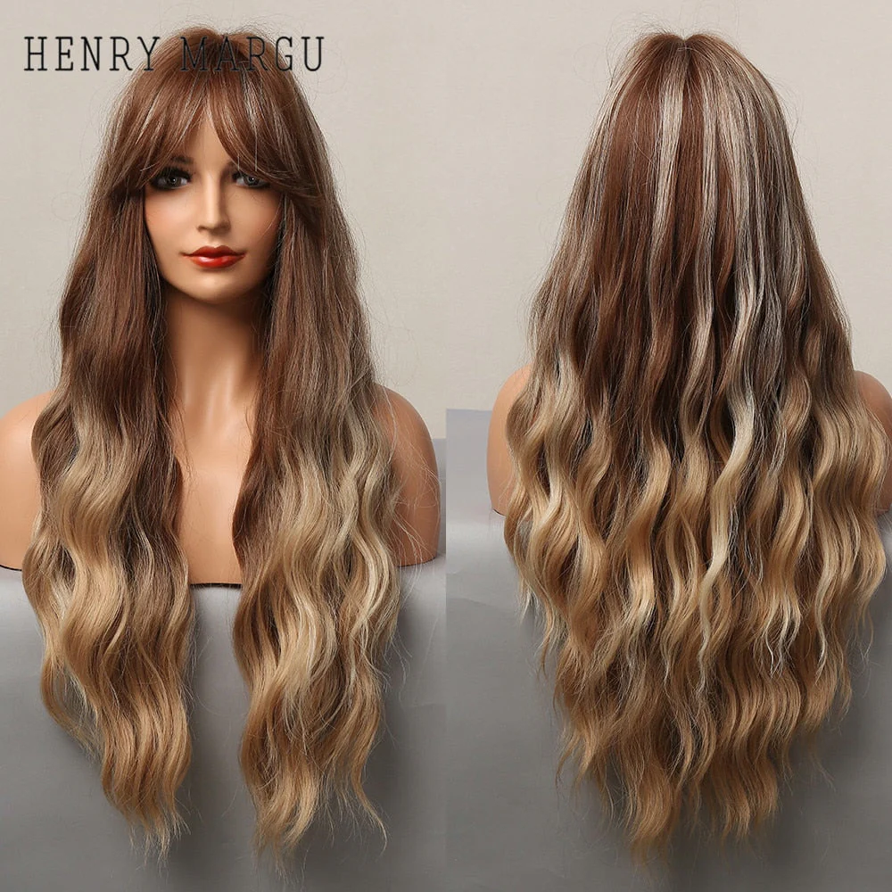 Pure Blonde Synthetic Hair Wigs Long Water Wave Wig for Women Colored Cosplay Lolita Wig with Bangs Heat Resistant - Deanwangkt