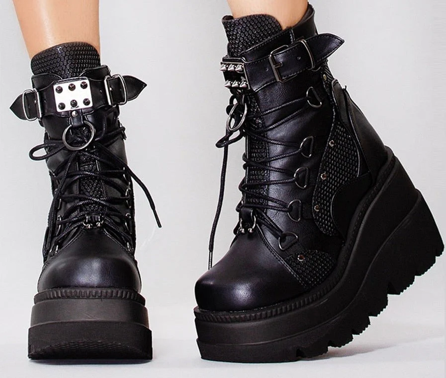 DEANWANGKT High Wedges Buckle Zipper Women Boots Punk Cool Street Thick Heel Shoeslace Autumn Ladies Shoes - Deanwangkt