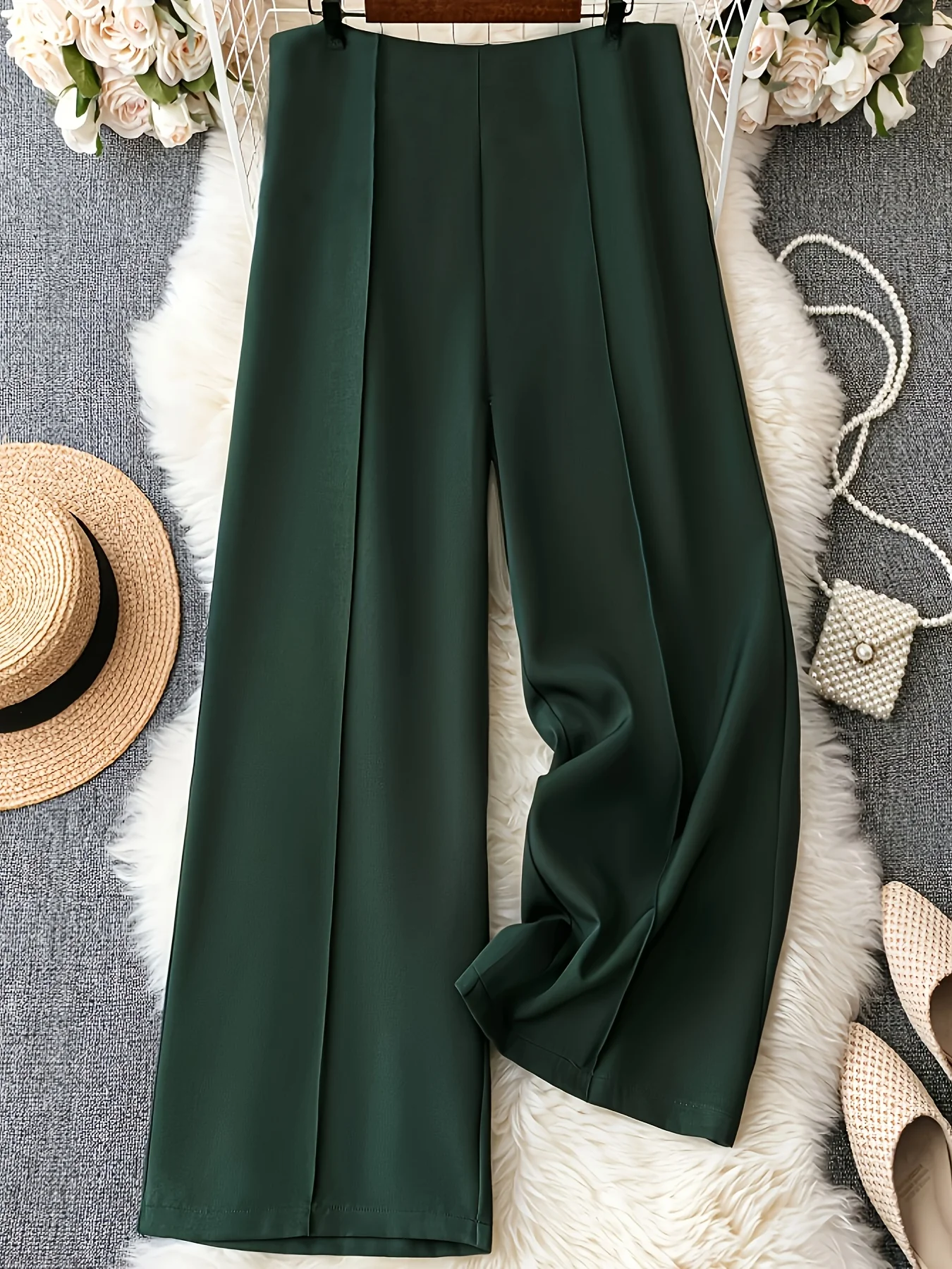 deanwangkt Women's Elegant Pants, Plus Size Solid Seam Front High Rise Straight Leg Trousers - Deanwangkt