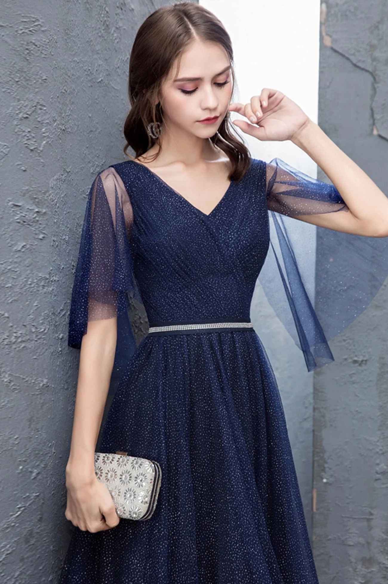 solvbao Blue V-Neck Tulle Long Prom Dresses, A-Line Evening Dresses - Deanwangkt