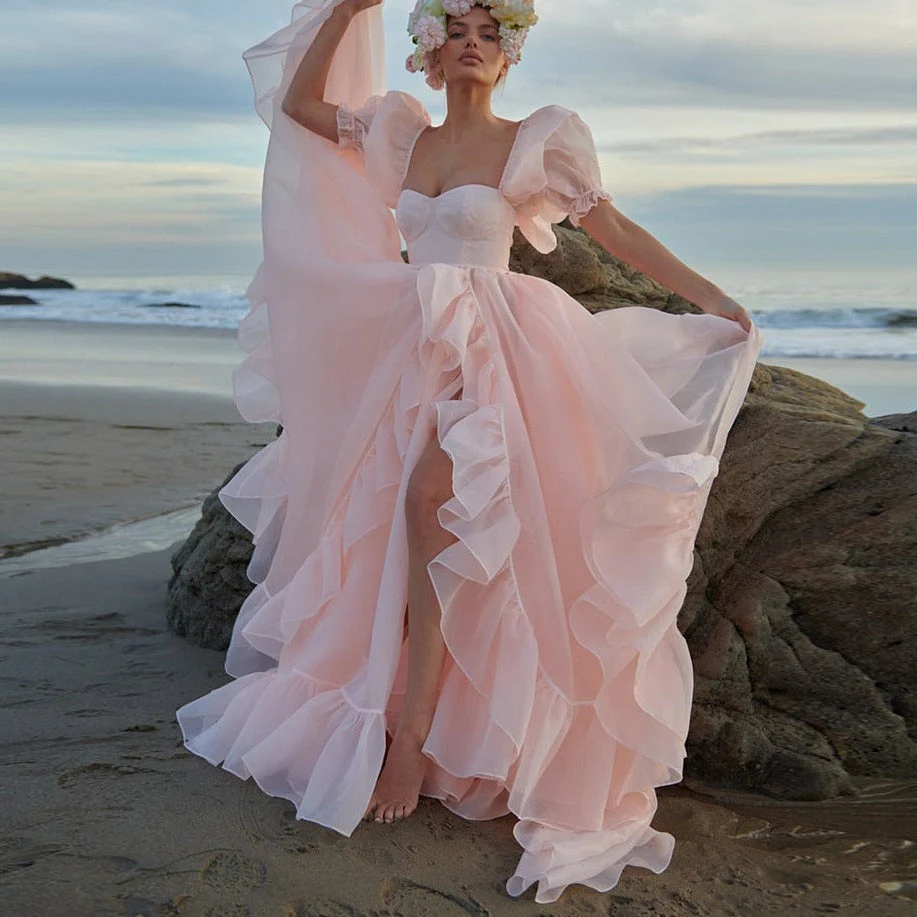 DEANWANGKT Baby Pink Organza Princess Prom Dresses  Short Puff Sleeves Ruffles High Slit A-Line Prom Gowns Formal Party Dresses - Deanwangkt